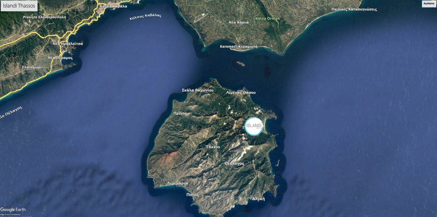 Thassos Adası'nın uydu görüntüsünde Islandi Thassos'un konumu