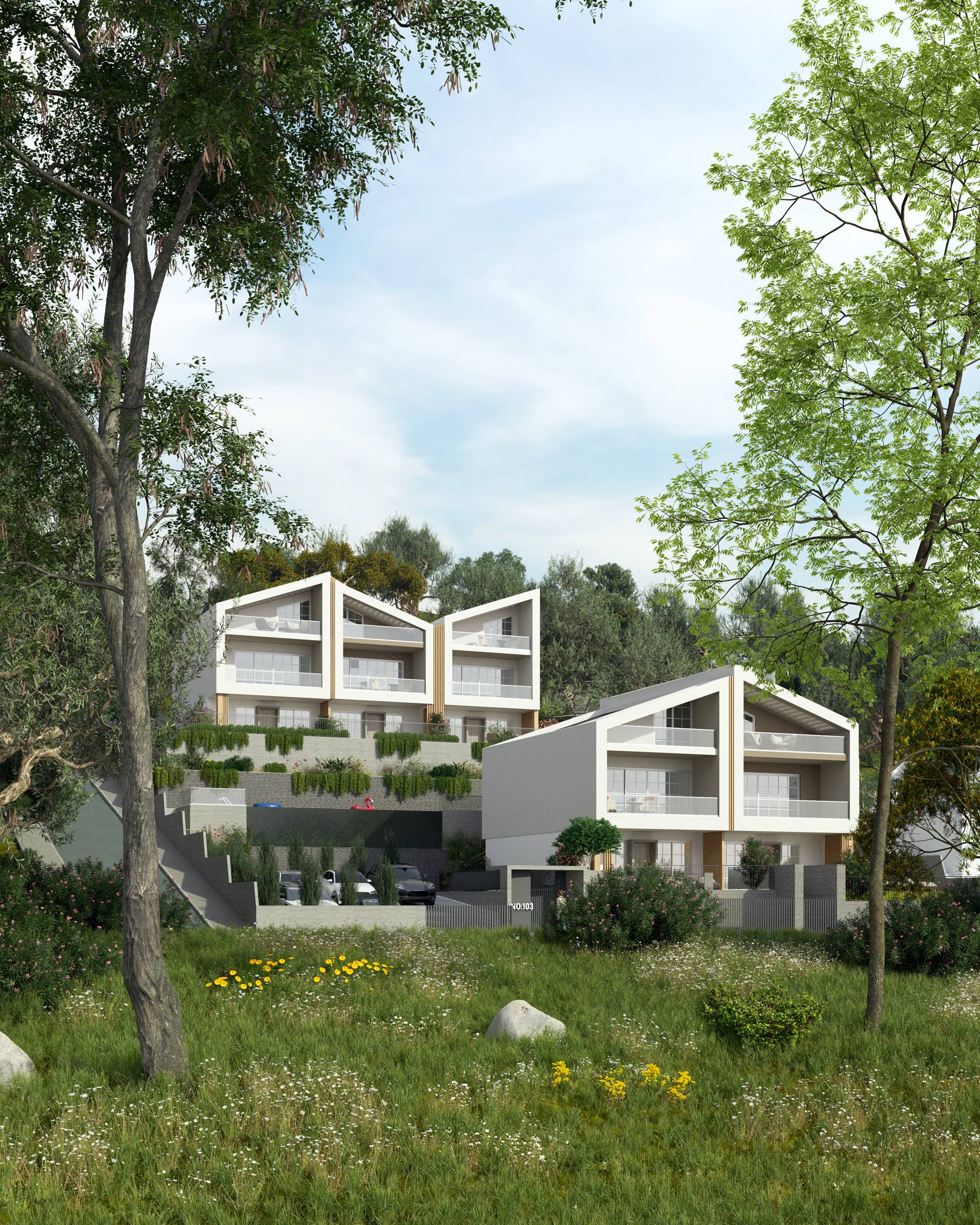 Islandi Thassos II — evlerin bahçeden görünümü