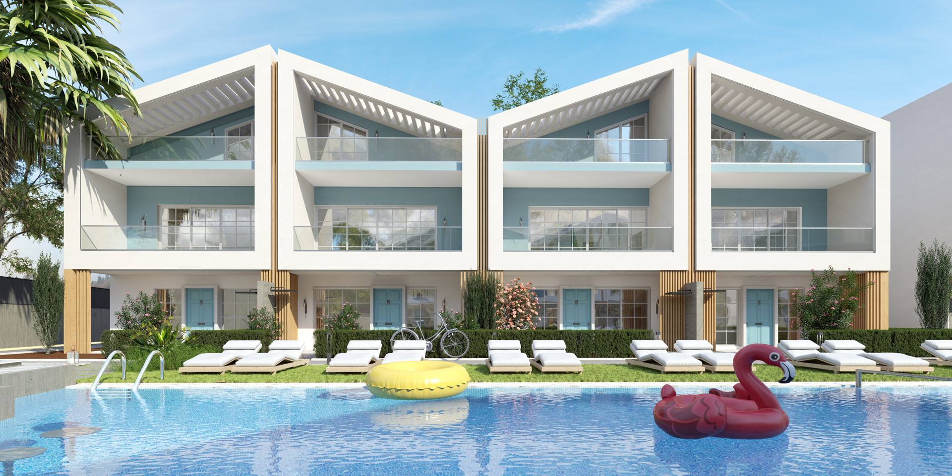 Islandi Thassos V — havuz ve evlerin cephesi