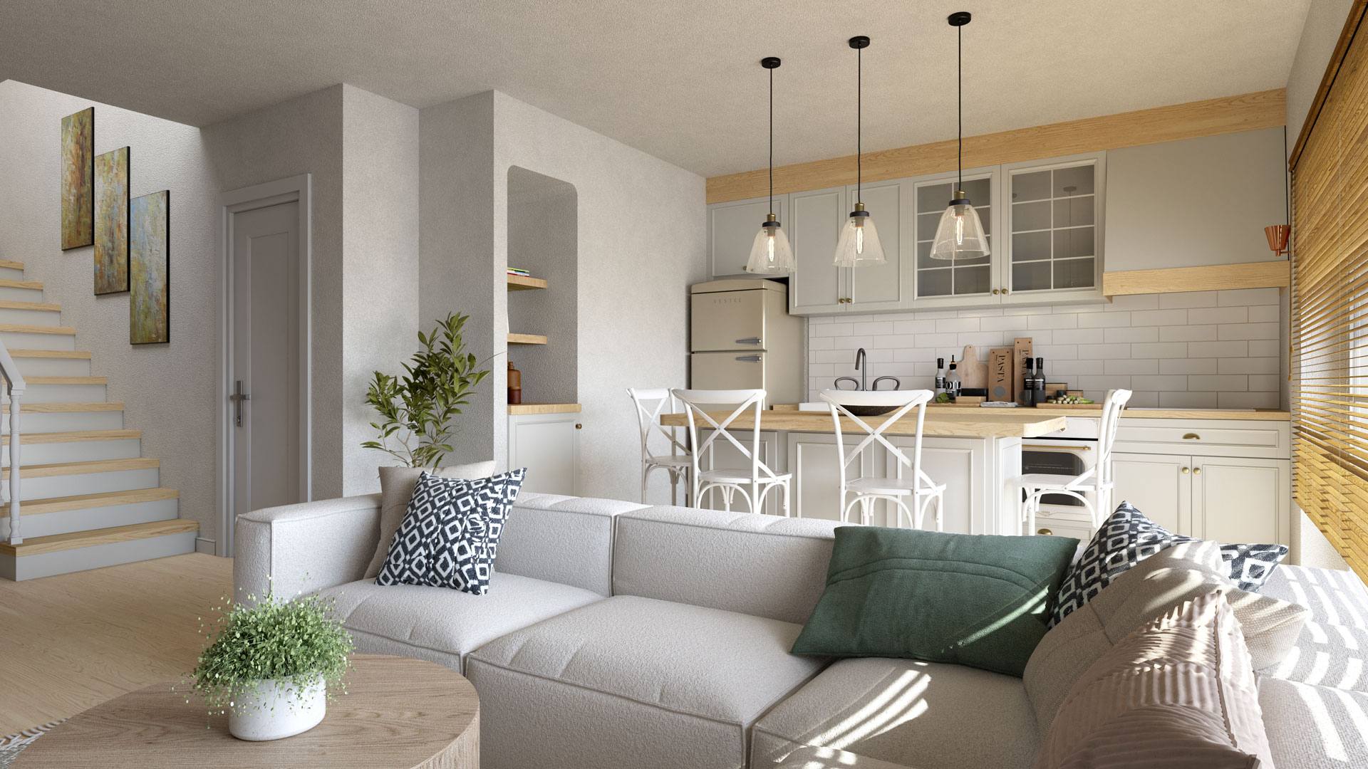 2+1 Loft dairenin salon ve mutfağı